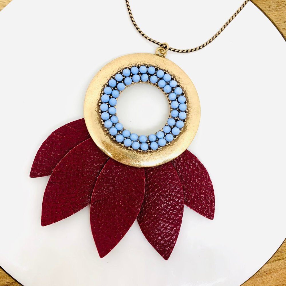 Gold Stone + Leather Pendant Adjustable Necklace